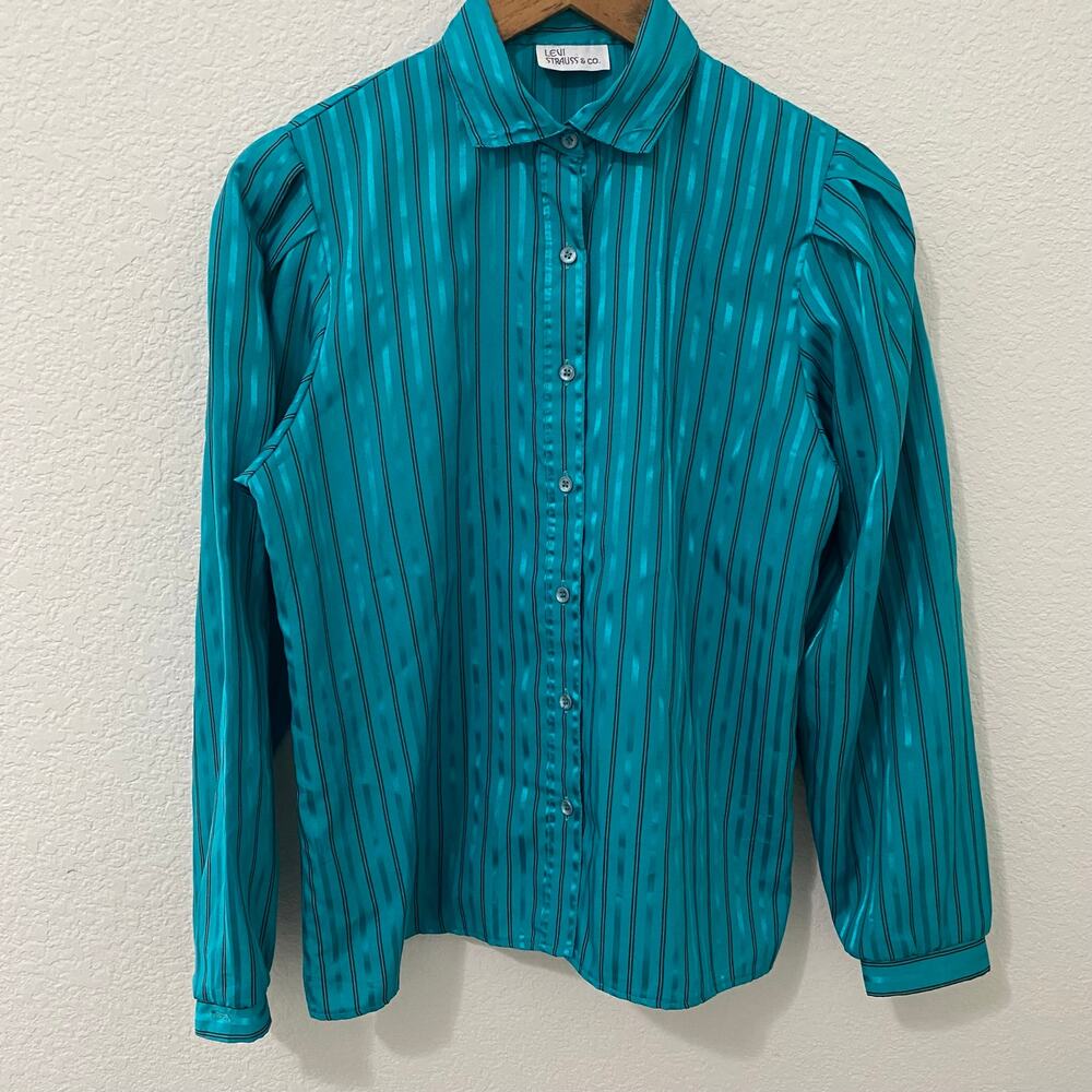 Vintage Levi Strauss Teal Striped Button Front Blouse Women M